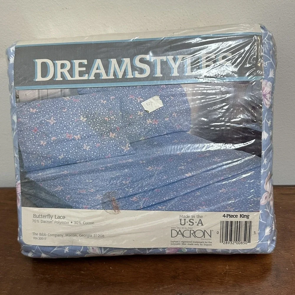 Vintage Dacron King Sheet Set Dainty Floral Butterfly Lace Made in USA NEW NOS